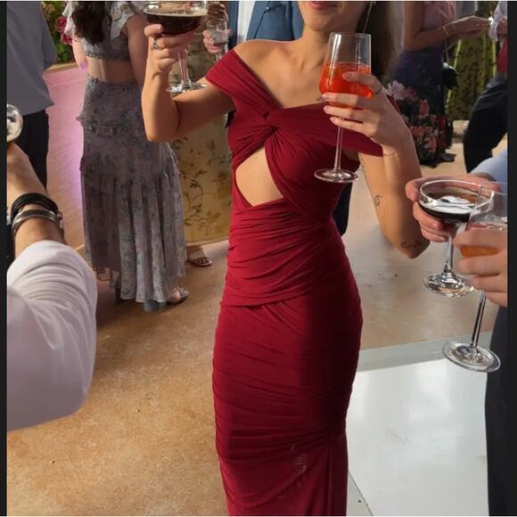 Ronny Kobo Red Ruched Maxi Dress MEDIUM Cutout Slinky Jersey Gown Designer $468 - Picture 11 of 13